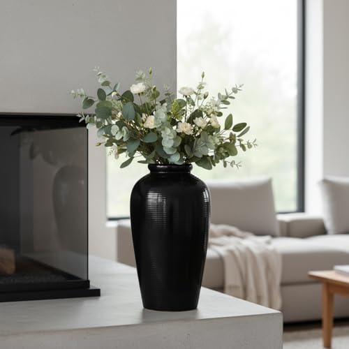 Black Vase for Home Decor, 11 Inch Tall Ceramic Flower Vases for Centerpiece, Modern Decorative Minimalist Vase for Pampas Grass, Textured, Living Room, Entryway, Kitchen Counter Decor - color: Black