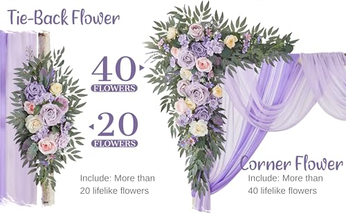 Wedding Arch Flowers with Drapes Kit (Pack of 4) - 2pcs Artificial Lilac Deluxe Swag with 2pcs Sheer Drapes for Wedding Ceremony Arbor Reception Backdrop Rose Floral Decoration - color: Lilac