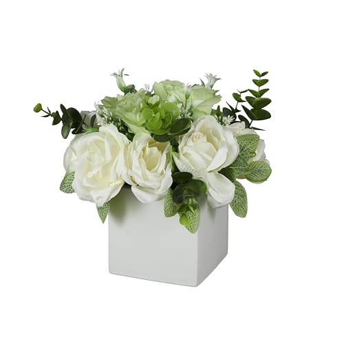 Deco 79 Fabric Artificial Flower with Green Leaves and Square Ceramic Vase, 9" x 9" x 10", White - color: White, size: 9" x 9" x 10"