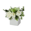 Deco 79 Fabric Artificial Flower with Green Leaves and Square Ceramic Vase, 9" x 9" x 10", White - color: White, size: 9" x 9" x 10"