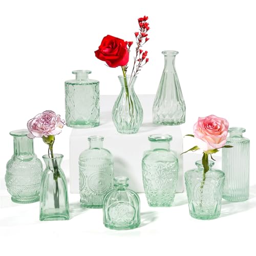 Vintage Small Glass Vases Set of 10,Mini Bud Vases for Flowers,Amber Glass Vases for Centerpieces,Wedding Decorations,Home Table Flower Decor(Sage Green) - color: Sage Green