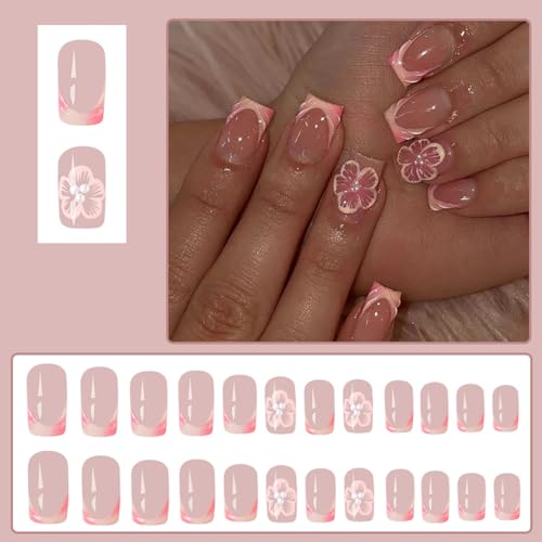 French Tip Press on Nails Square Short Fake Nails Full Cover Cherry Blossoms Nails with Pearl Design Cute Glue on Nails Nude Pink Artificial False Nails Flower Acrylic Nails for Women Girls 24Pcs