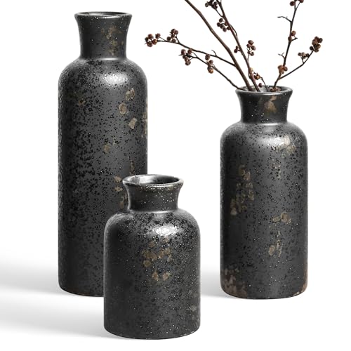 LE TAUCI Ceramic Vase Set of 3, Black Speckled Flower Vases for Fresh or Dried Flowers, Modern Farmhouse Home Decor for Coffee Table, Mantel, Shelf, Entryway, Distressed Iron Black - color: Distressed Iron Black