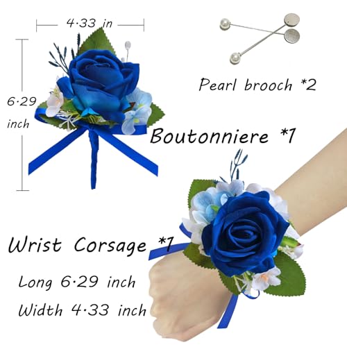 CherishedMoments Corsage and Boutonniere Set, Navy Blue Rose Handmade Artificial Flower Wrist Corsage and Groom Boutonniere for Men Wedding, Bridesmaid Hand Flower for Wedding,Prom Suit Decorations - color: Navy Blue