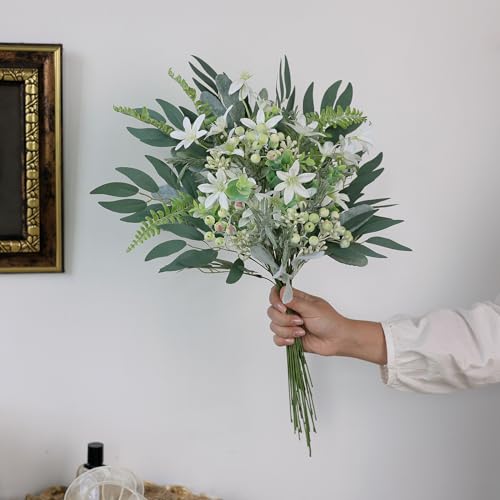 FOTEEWL 70 Pcs Artificial Greenery Stems Box Set,with 8 Kinds of Faux Plants and Fake Flowers for DIY Bridal Bouquets Wedding Floral Arrangement Table Centerpieces Decoration (Sage Green & White) - color: Sage Green & White