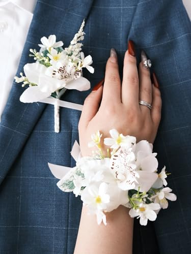 White Rose Wrist Corsage and Boutonniere Set with Ribbon Ties Wedding Prom Formal Accessories (White Style 3) - color: White Style 3