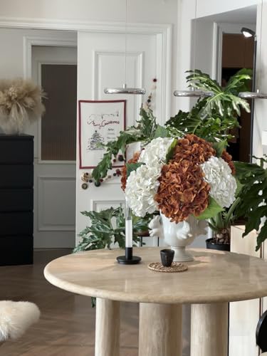 YalzoneMet 2 White 2 Orange Brown Hydrangea Artificial Flower Lifelike 21'' Long Stem Real Touch Hydrangea Latex Flower Bouquets for Fall Home Decor Bronze Vintage Boho Table Centerpiece - color: White Orange Bronze