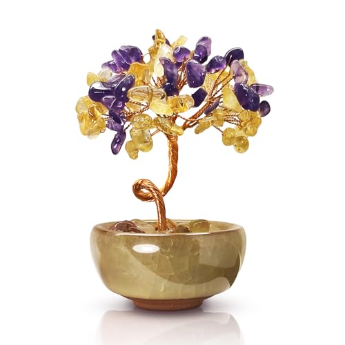 Amethyst Citrine Crystal Tree,Dual Color Art Decor with Copper Wire Sculpture in Crackle Base,Imagination Gift - color: 5-amethyst Sunrise