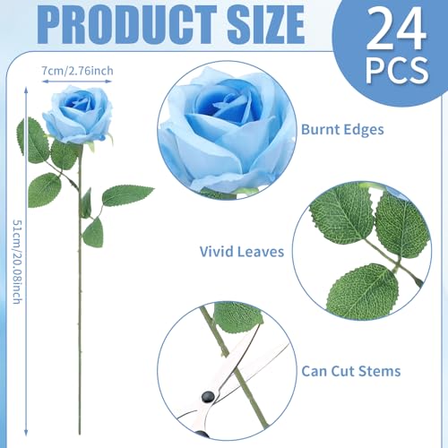 24 Pcs Sky Blue Rose Artificial Flowers with Long Stem Real Touch Silk Roses Bulk for Wedding, Party, Table Centerpieces Bouquet, Bridal, Home Decor - color: Sky Blue