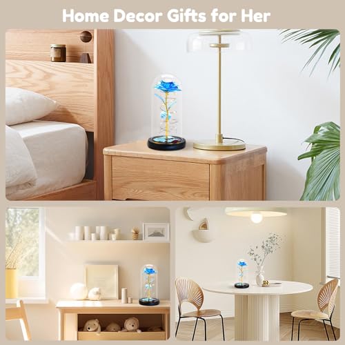 Otlonpe Preserved Artificial Glass Rose Flower Lamp, Forever Women Gifts for Birthday Christmas Valentines Mothers Day, 7.7'' Blue Rose Gifts for Mom Grandma Daughter Wife Girlfriend, Home Decor - color: Blue