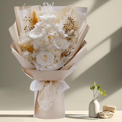 Bonsion Preserved Flowers Gifts for Women, Flower for Delivery, White Roses Gifts fo Her, Preserved Roses Bouquets, Birthday Gifts for Grandma, Mothers Day Flowers for Wife - color: White