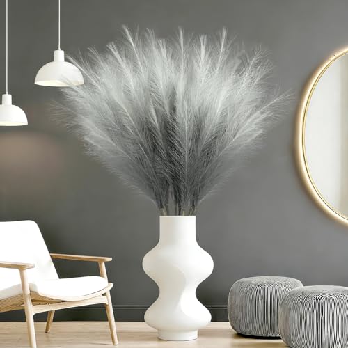 TORONTOKYO 8Pcs Grey Faux Pampas Grass Tall Decor, 35.4” Fluffy Artificial Pompous Grass Branches, Large Pampas Grass Reed Stems for Floor Vase Filler, Wedding, Baby Shower, Home and Boho Decor - color: Grey, size: 35.4inch-8Pcs