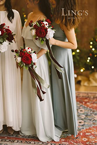 Ling's moment Artificial Bridesmaid Bouquets Set of 4,Red Wedding Flower Bouquets Floral Bouquet Christmas Bridal Bouquets with Ribbon,Ceremony,Anniversary,7-inch Diameter - color: Red-christmas Red