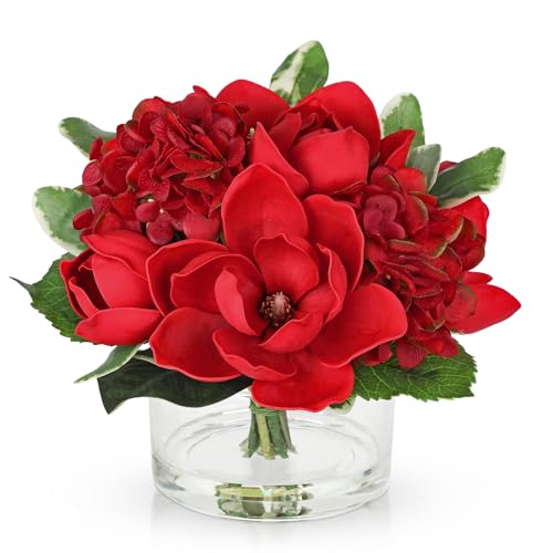 Briful Artificial Magnolia and Hydrangea Flower Arrangement in Glass Vase 9.4" Realistic Red Silk Fake Flower with Faux Water Fake Floral Centerpieces for Home Room Office Table Shelf Décor - color: Red