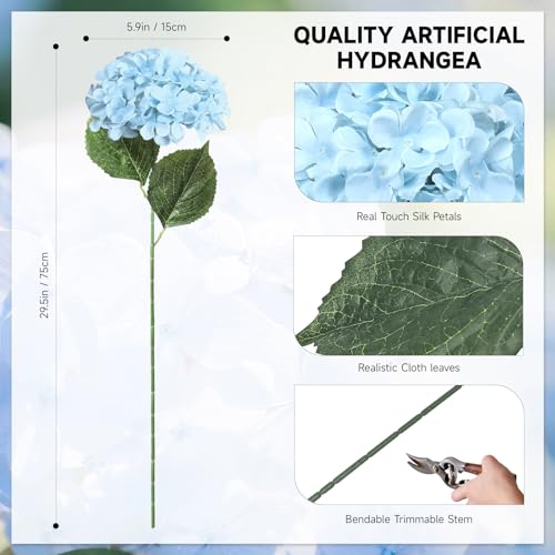 6 PCS Artificial Hydrangea Flowers, Faux Silk Hydrangea with Long Stems, Home Wedding Decor, Table Centerpieces, Party Decorations(Light Blue) - color: Light Blue