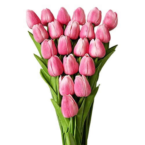 UKELER Tulips Artificial Flowers Bulk 24 Pcs Faux Tulips PU Floral Spring Fake Flowers for Home Kitchen Wedding Birthday Party Decorations, Dark Pink - color: Dark Pink