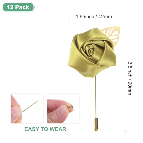 M METERXITY 12-Pack Flower Lapel Pins for Men, Golden Leaf Rose Boutonnieres Pin for Wedding/Dance/Party, Mens Lapel Pins for Suits Satin Flower Corsage Hat Pins [Gold] - color: Gold