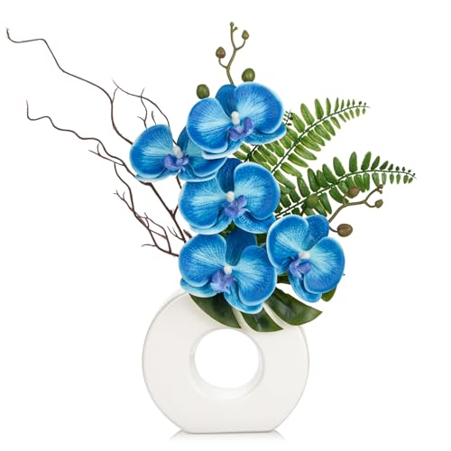 Briful Orchid Fake Flowers 16.1'' Blue Artificial Orchid Silk Flowers with Vase Faux Orchid Arrangement for Home Office Bathroom Desk Modern Decoration - color: Blue