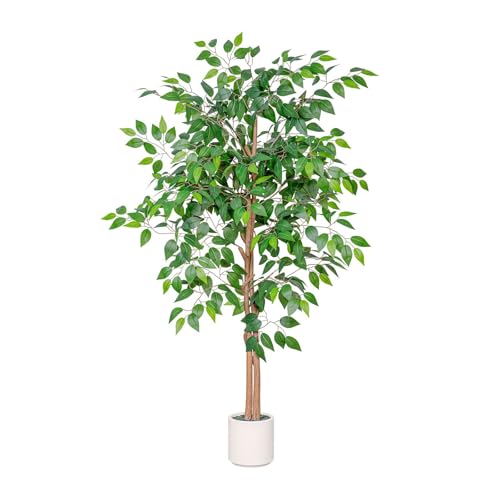 Artificial Ficus Tree 6FT Tall, Faux Ficus Tree Indoor Outdoor, Fake Silk Ficus Plant with Planter, Lifelike Leaves Large Potted Floor Tree for Home Office Living Room Porch Decor - size: 6ft