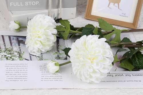 IPOPU 4pcs Artificial Dahlia Flowers 29" Long Stem Faux Flower Realistic Silk Dahlia Flowers with Buds for Tall Vase DIY Bouquet Home Wedding Decor (White) - color: White