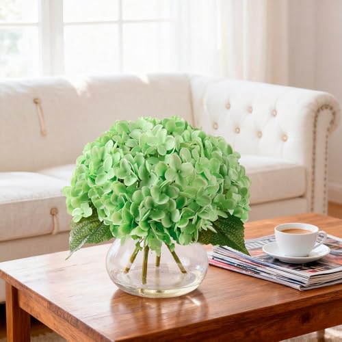 Real Touch Faux Hydrangea Flowers in Glass Vase, No Watering Needed Silk Hydrangea Artificial Flowers for Farmhouse Wedding Decor Dining Table Centerpiece Bedroom Decor - color: Light Green