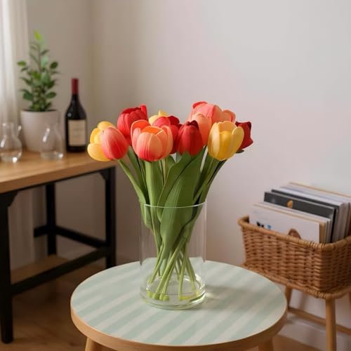 Realistic Fake Flowers Artificial Tulip Arrangement with Glass Vase, Adjustable Stems, for Home Living Room Table Office Wedding Decoration（Mixed Colors） - color: Mixed Colors
