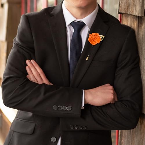 M METERXITY 1-Pack Flower Lapel Pins for Men, Golden Leaf Rose Boutonnieres Pin Groom Boutonnieres for Wedding/Dance/Party, Men Lapel Pins for Suits Satin Flower Corsage [Orange] - color: Orange