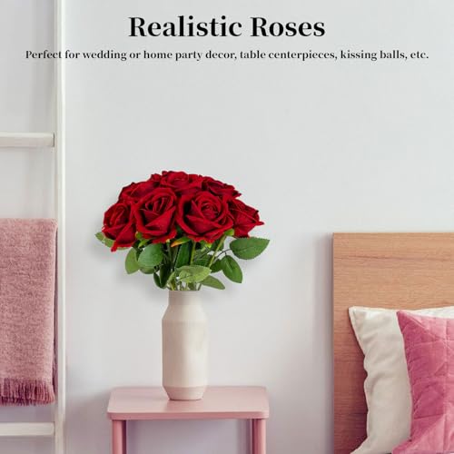 10 PCS Artificial Roses with Long Stems Silk Flowers Realistic Foam Flowers Fake Roses for Valentine's Day Home Wedding Halloween Decor(Brilliant Red) - color: Brilliant Red