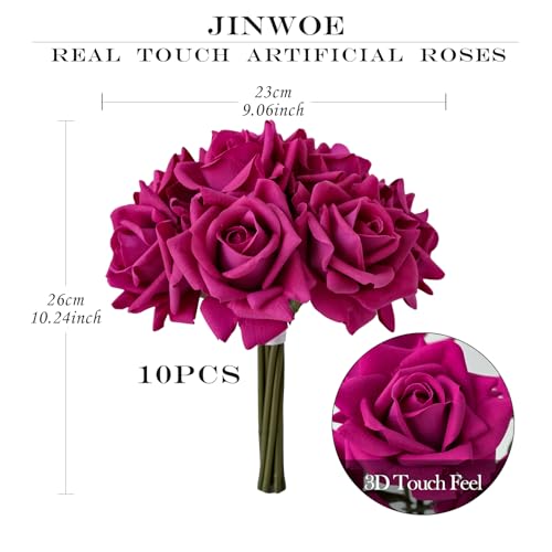JINWOE Rose-red Fake Roses with Stems,10pcs Soft Real Touch Silk Faux Roses Bouquet, Lifelike Artificial Rose for Wedding Table Centerpieces Party Home Decoration - color: Rose Red