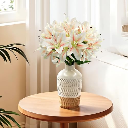 Daily Treasures 2Pack Artificial Lily Flowers, Faux Tiger Lily Bouquets with 10 Heads per Stem (2 Stems, 20 Heads Total), Pink White Blooms, 17.7in Silk Lilies for Home Hotel Decor