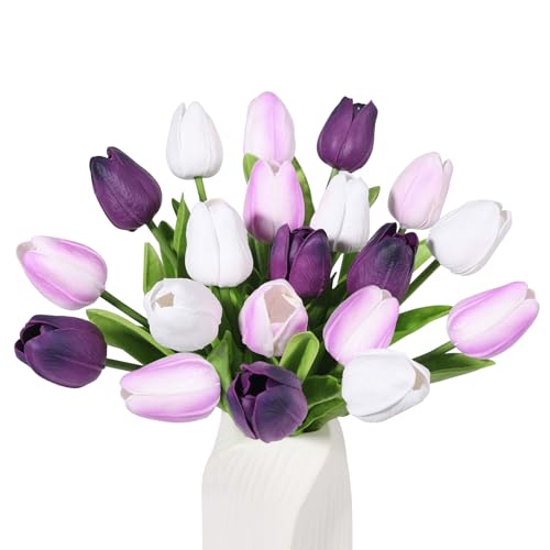 Beferr 18pcs Tulips Artificial Flowers Faux Tulip Real Touch Tulip Fake Flowers Bouquets Arrangements for Mothers Day Spring Easter Wedding Home Table Decor Blue - color: F-18pcs-3colors-mix Purple, size: 18PCS