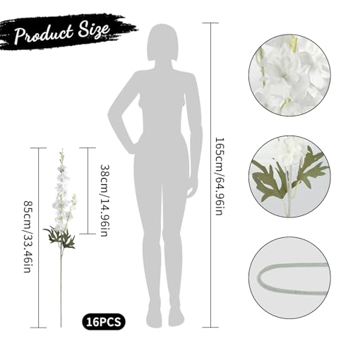 16Pcs White Delphinium Artificial Flowers 33.5'' Long Stem Silk Larkspur Flowers Bulk Faux Silk Flowers for Tall Vase Wedding Table Centerpieces Home Garden Outdoor Decor（White） - color: White
