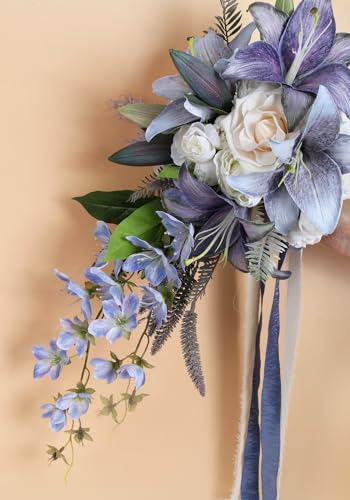 Bridal Bouquet,12 Inch Cascading Wedding Bouquets Bride Bouquets for Wedding Ceremony and Anniversary(Blue) - color: Blue