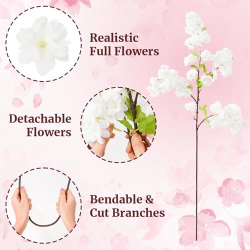 3 Pcs White Cherry Blossom Branches,40 inch Realistic Artificial Spring Flowers Long Stem, Fake Flowers for Tall Vase Home Outdoor Wedding, Party Table Centerpiece Floral Arrangements Decor - color: White