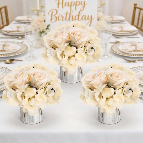 Flower Table Centerpieces - Set of 6 Floral Arrangement Artificial Wedding Hydrangeas Floral Arrangement with Rustic Metal Vase for Bridal Tea Party Event Decorations - Champagne - color: Champagne