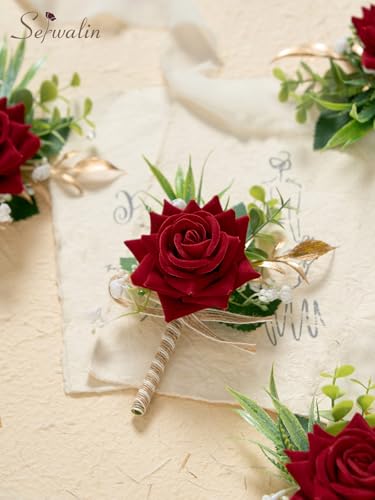 Serwalin 6PCS Burgundy Rose Boutonniere for Men Wedding Groom Groomsmen Best Man Boutonniere for Wedding Ceremony Anniversary Prom Flowers Formal Dinner Party, - color: Red, size: Boutonniere 6pcs