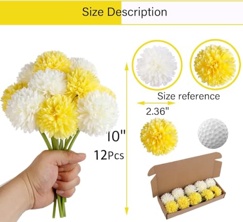 12Pcs Yellow White Chrysanthemums Artificial Flowers Fake Silk Ball Flowers Mums Bouquets Arrangements Wedding Party Decor St Patricks Day Home Garden Table Centerpieces DIY Floral(Yellow&White,12pcs) - color: Yellow＆cream，12pcs