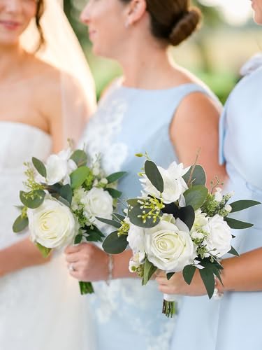 Rinlong White Green Bridesmaid Bouquet for Wedding, Prom, Homecoming | Silk Bridal Bouquet, Destination Friendly - color: 10-white & Green
