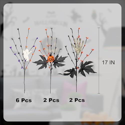 VioletEverGarden 10 Pack Halloween Stems 17 Inch Halloween Floral Picks 3 Styles Berry Branches with Pumpkin Skeleton and Ghost for Gothic Holidays Celebration