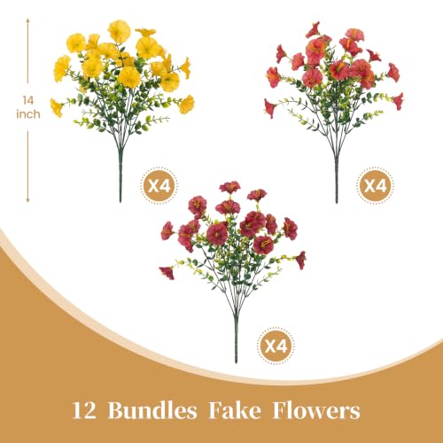 ADXORA 12 PCS Fake Fall Morning Glory Mums Artificial Flowers for Outdoors | UV Resistant Plastic Plants Artificial Greenery for Indoor Outdoor Garden Patio Window Box Home Decor - color: Yellow Brown Grayish-red