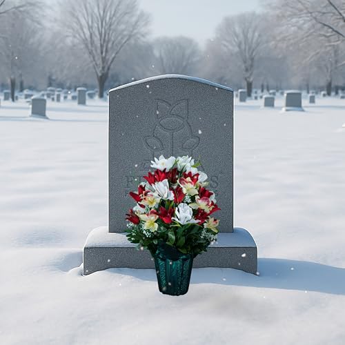 Sympathy Silks Artificial Cemetery Flowers - Grave Decoration - Red Tulips and White Iris (1) Potted Arrangement - color: Red/White, size: (1) Pot