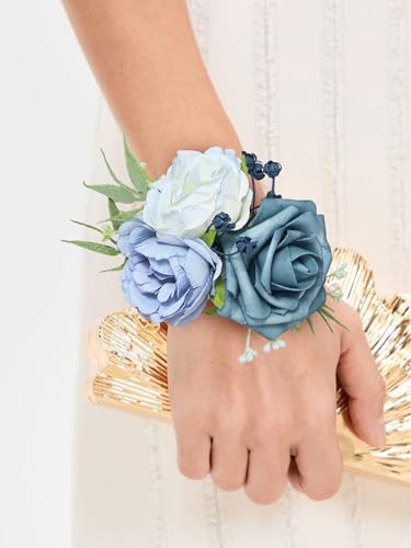 Rinlong 2Pcs Dusty Blue Wrist Corsage for Wedding, Prom, Homecoming | Bridesmaid, Mother of the Bride Corsage - color: 19-dusty Blue