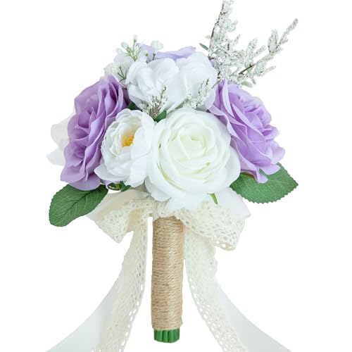 Wedding Bouquets for Bride Bridesmaid, Artificial Lilac Bride Flower Bouquet for Wedding Church Decoration Ceremony, Anniversary, etc, Roses Flowers - color: Lilac & White & Ivory