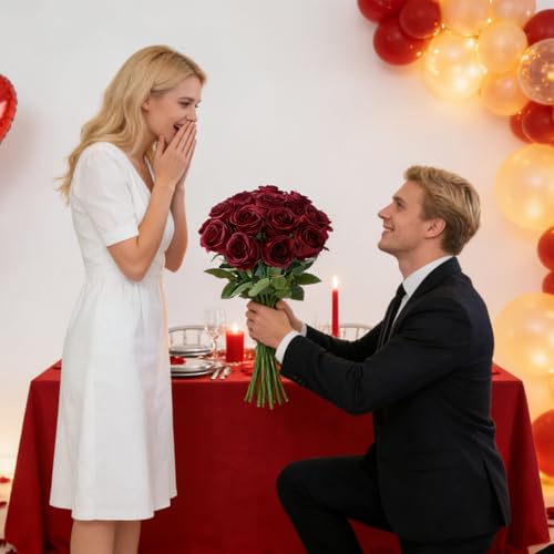 12Pcs Realistic Fake Roses Faux Flowers with Long Stems, Artificial Silk Rose Flowers for Valentines Day Home Wedding Decor Bridal Bouquet (Dark Red) - color: Dark Red