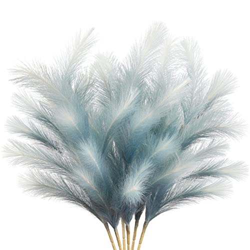 KALYLOC 6Pcs Colorful Faux Pampas Grass, Fluffy Artificial Bulrush Branches Boho Decor, Filler Tall Pampas Grass Reed Fluffy Stems for Living Room Wedding Decoration (Blue)
