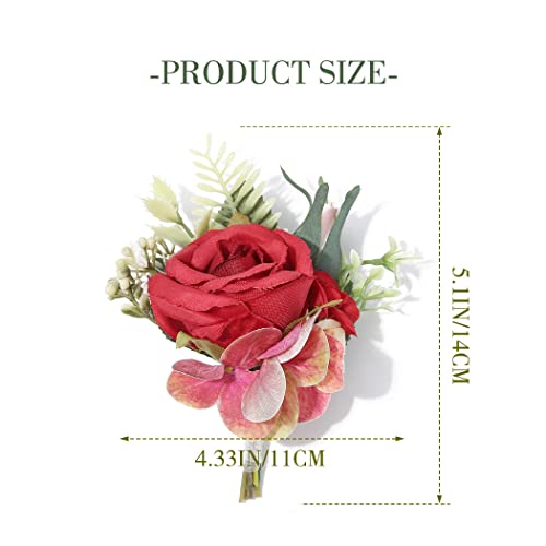 Wedding Flower Boutonniere Red Groom Rose Buttonholes Men's Boutineer Party Suit Decoration Prom Anniversary Accessories for Groomsmans and Man (A-Red) - color: A-red