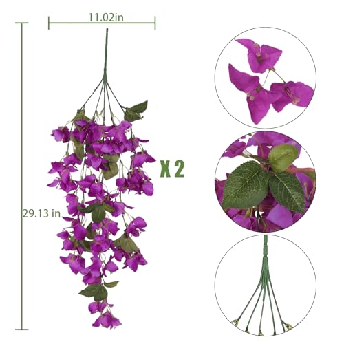 IPOPU Bougainvillea Artificial Hanging Flowers 2PCS Faux Trailing Plants Fake Flower Vine UV Resistant Realistic Silk Flowers for Outdoor Home Patio Garden Porch Wedding Wall Decorations (Fuchsia) - color: Fuchsia