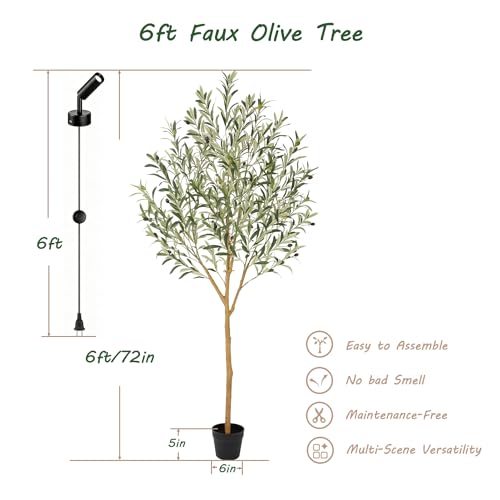 Bellacat 6ft Faux Olive Tree with Warm White Spotlight & Real Wood Trunk, 72in Artificial Olive Tree with Lifelike Fruits & Leaves, Fake Olive Tree Indoor for Living Room Bedroom Office Decor - color: With Warm White Spotlight, size: 6ft
