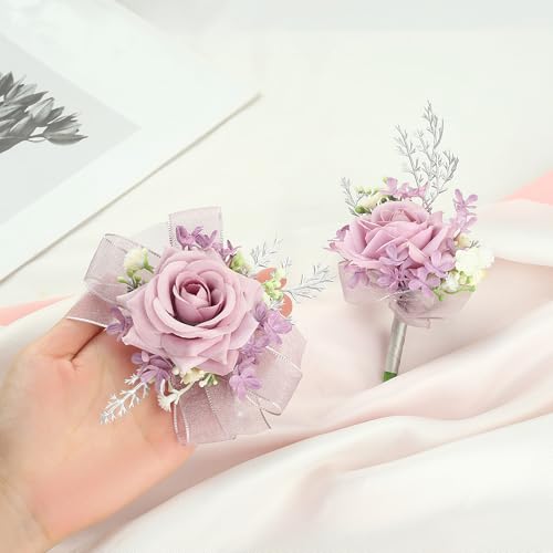 2pcs Purple Corsage and Boutonniere Set for Prom Decor Silk Corsage Wristlet Boutonniere for Men Artificial Flowers for Wedding Party Suit Decor - color: Light Purple Corsage - Double-cain