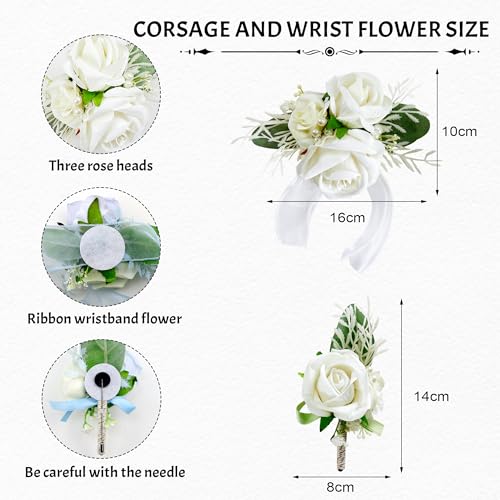 SITUMEIZI 2Pcs White Corsage and Boutonniere Set Wrist Corsage Bracelets and Boutonniere for Men Wedding Prom Party Suit Decor - color: White